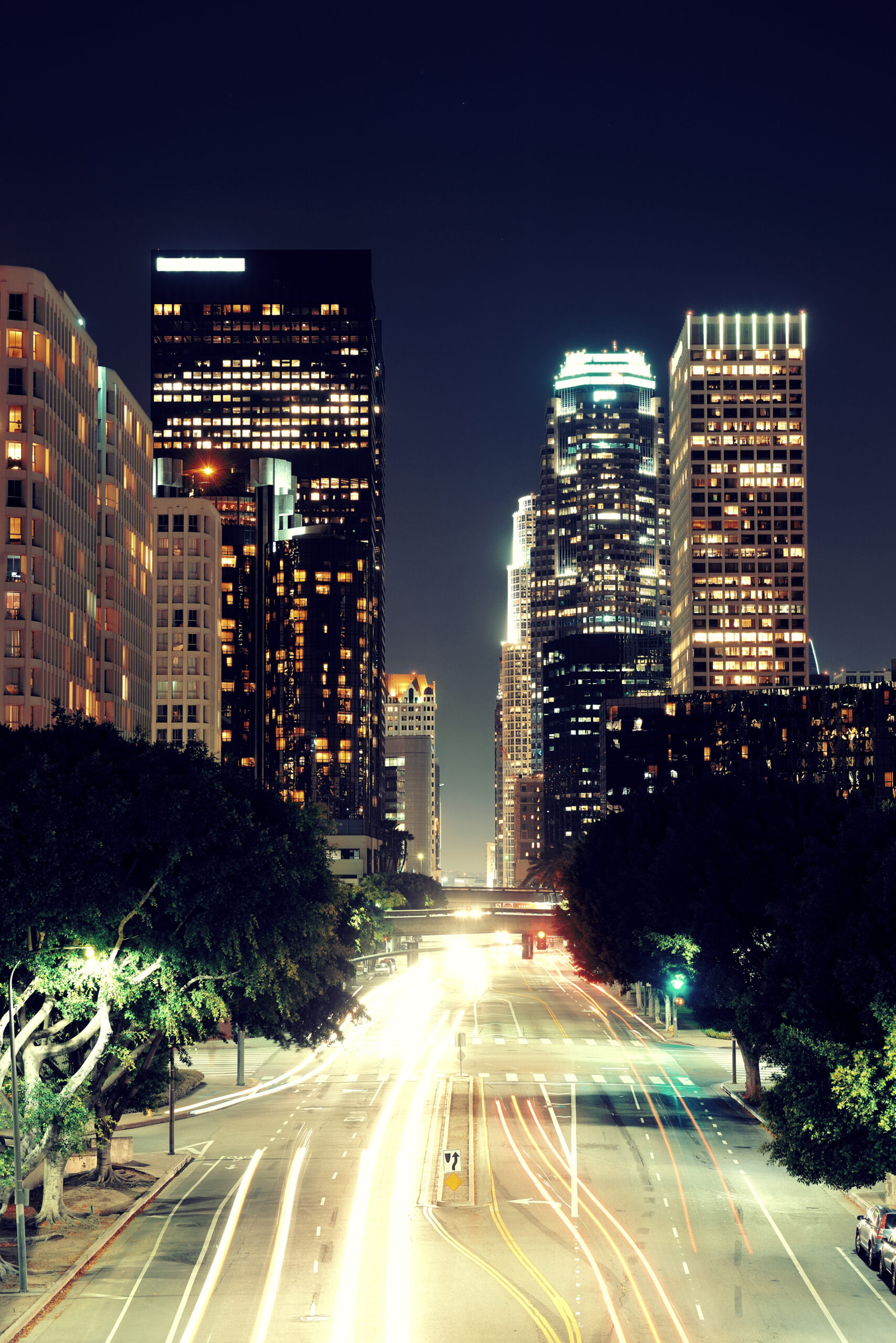 Los Angeles downtown skyline at night with light trails