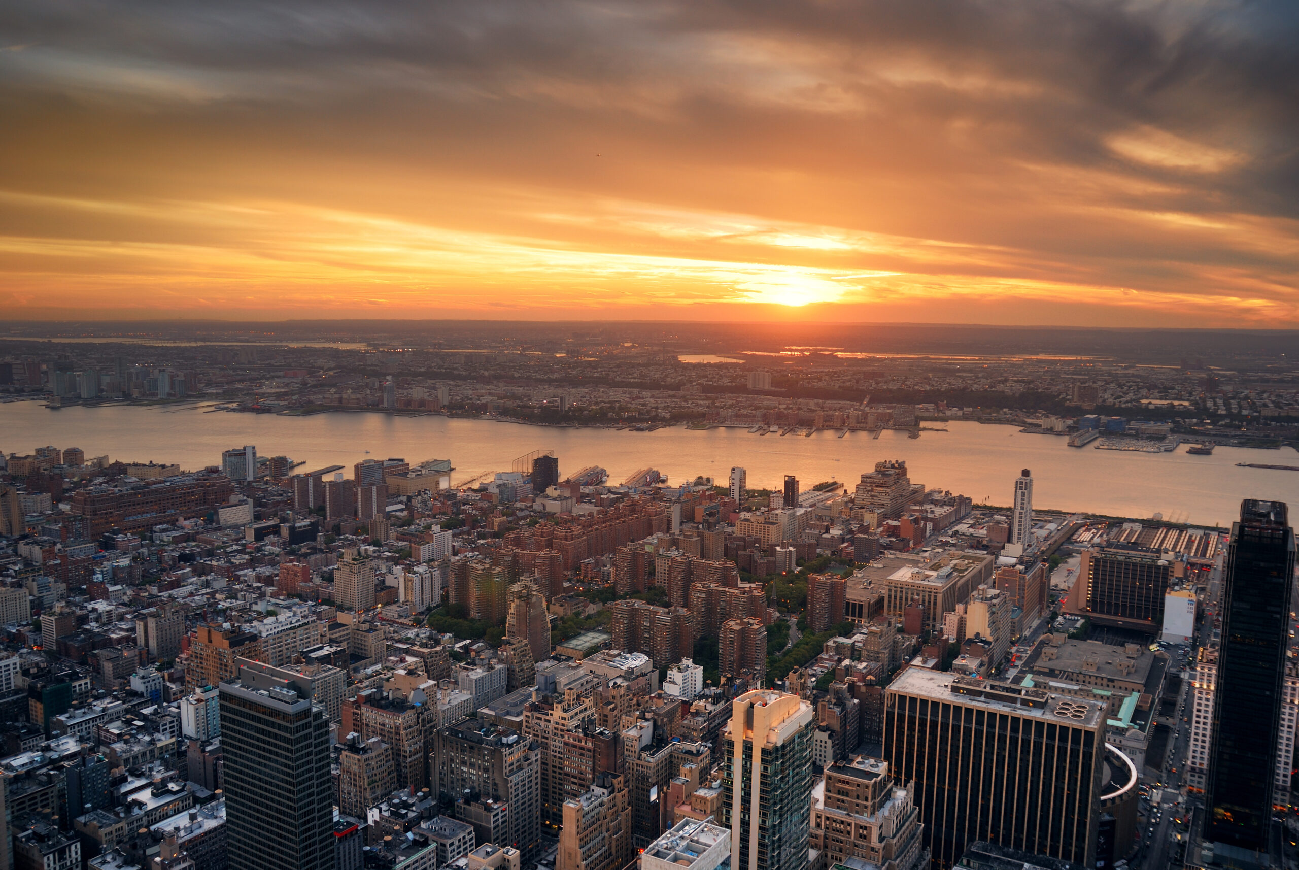 Manhattan Hudson River sunset aerial view