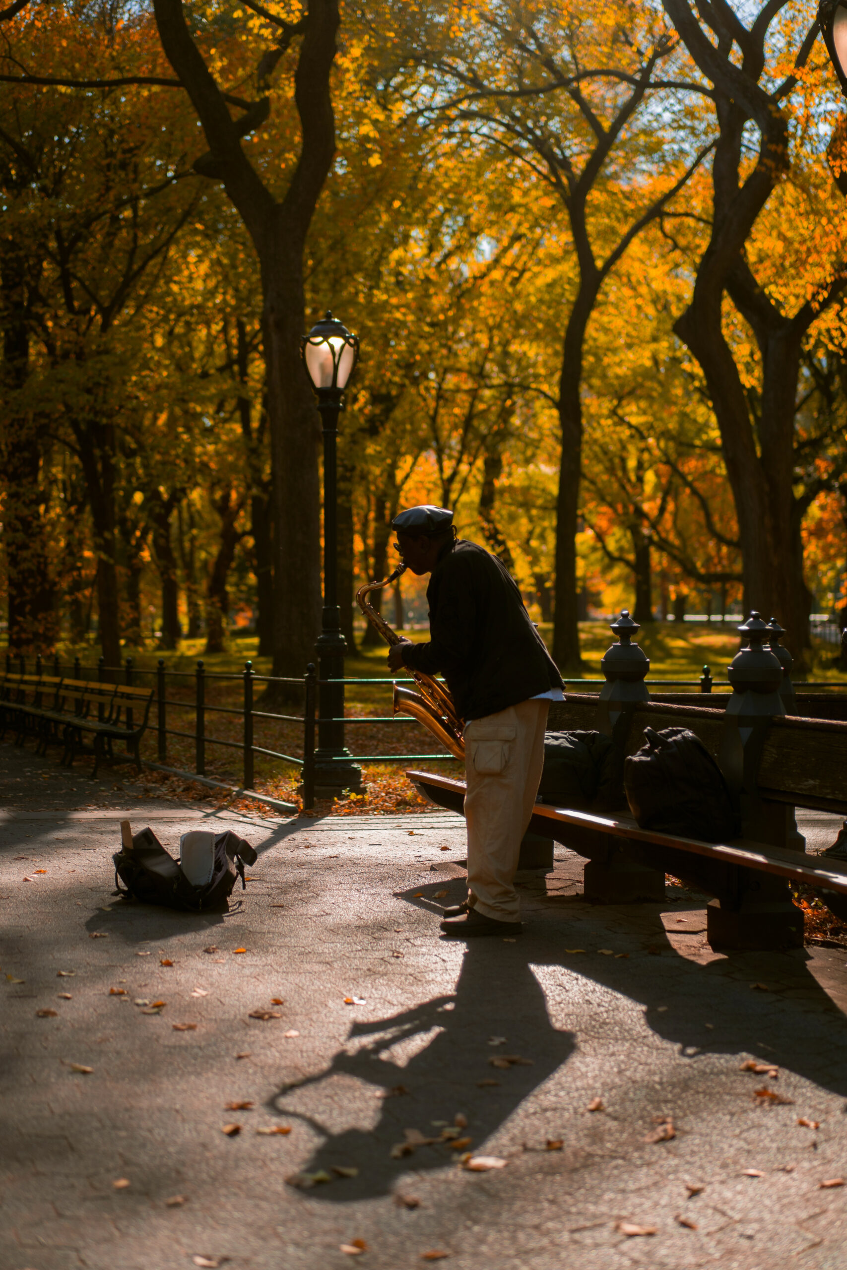 Street musician playing saxophone in Central Park New York City in fall