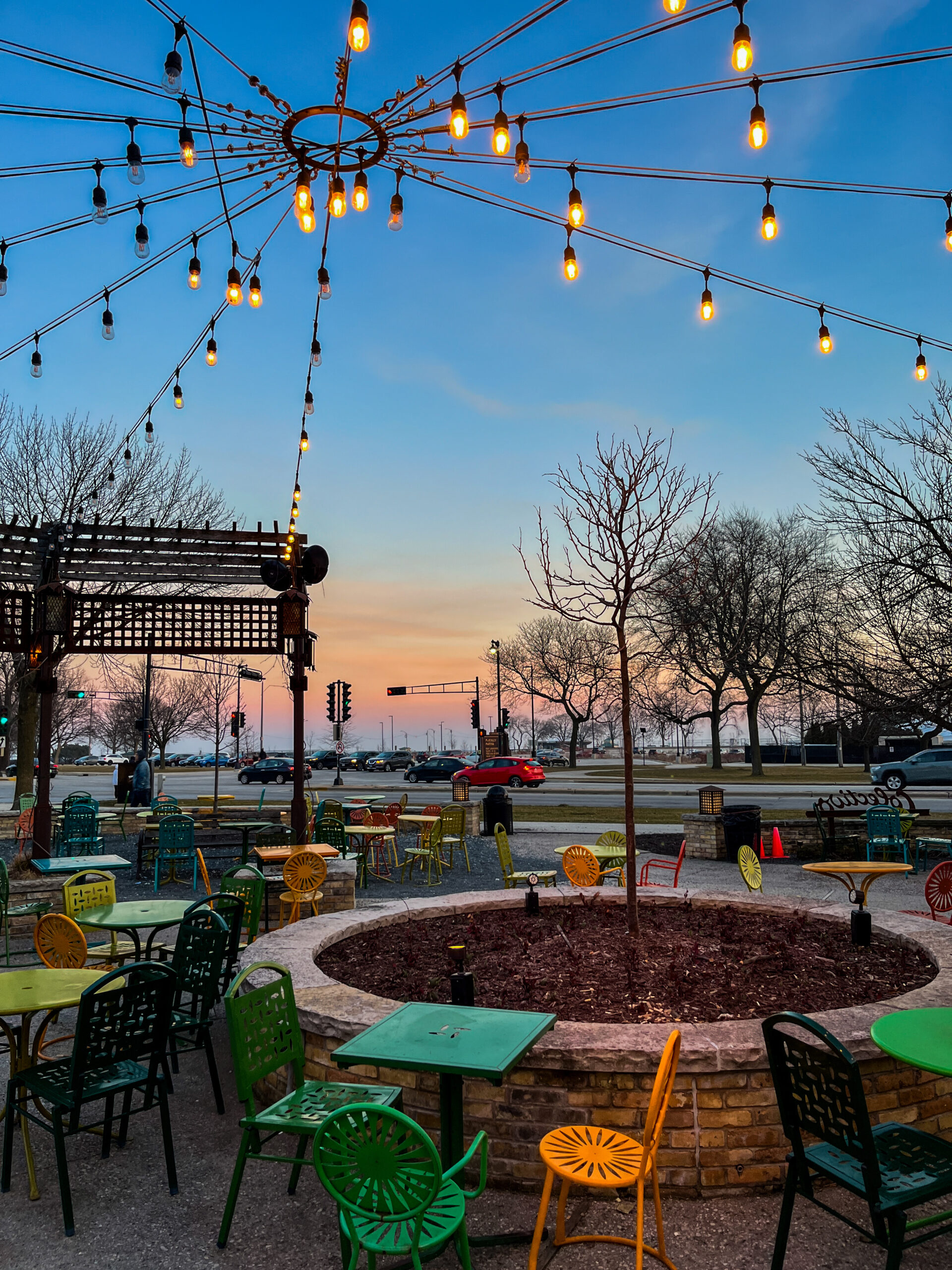 Outdoor restaurant illuminated with string lights at night near Santa Monica California