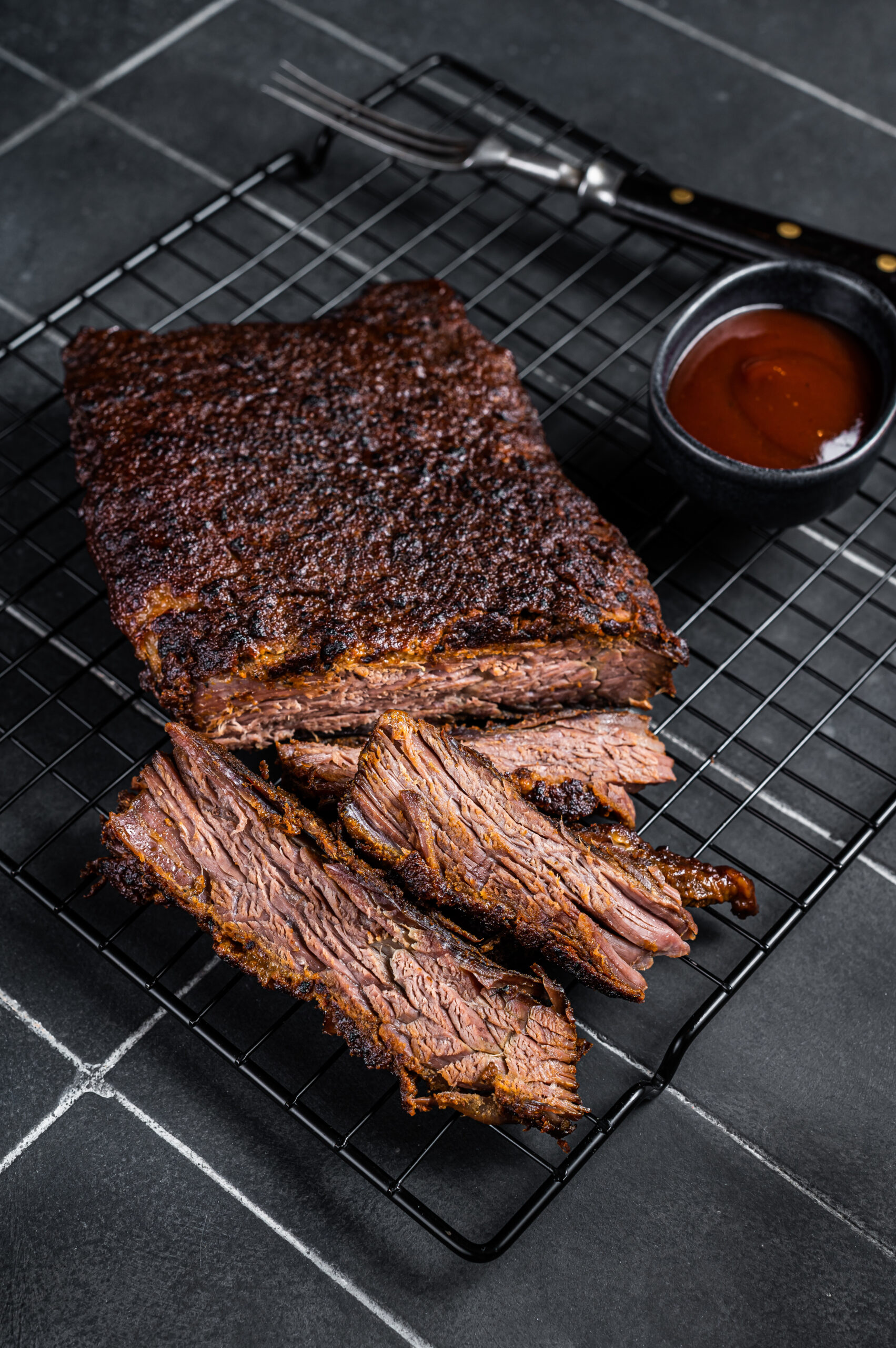 Texas style chopped beef brisket BBQ smoked in a Texas smoker